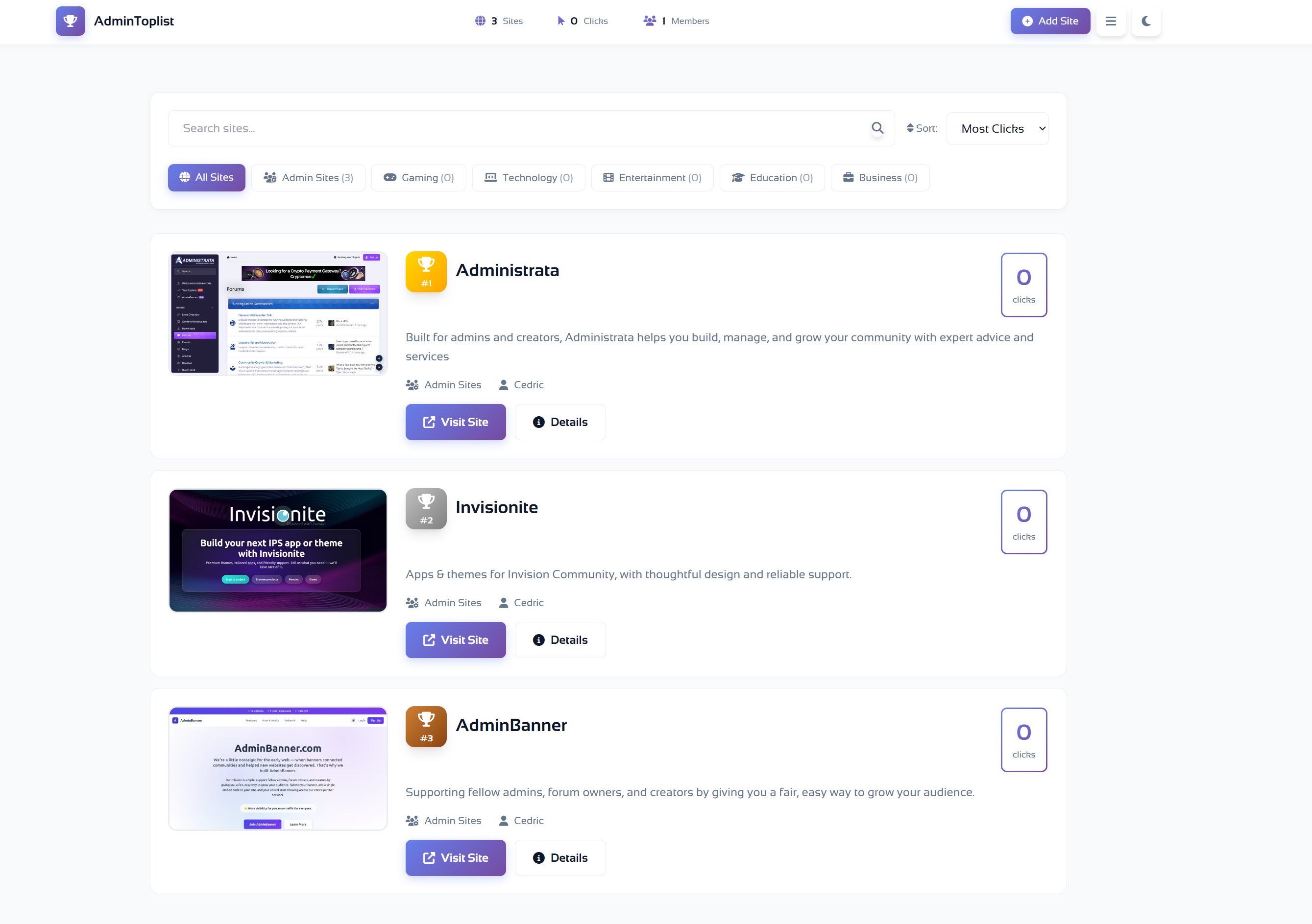 AdminToplist Dashboard View