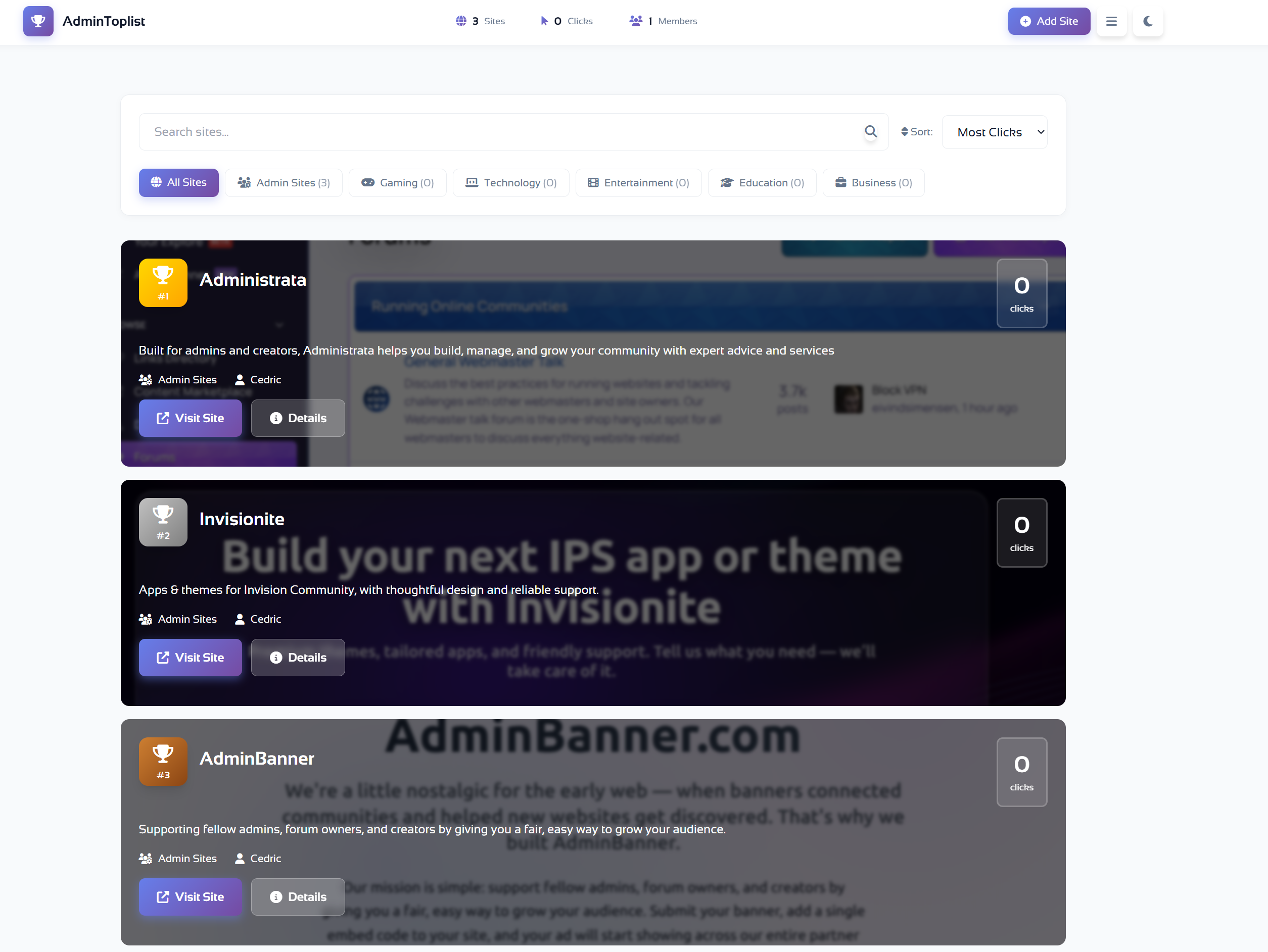 AdminToplist Sites View