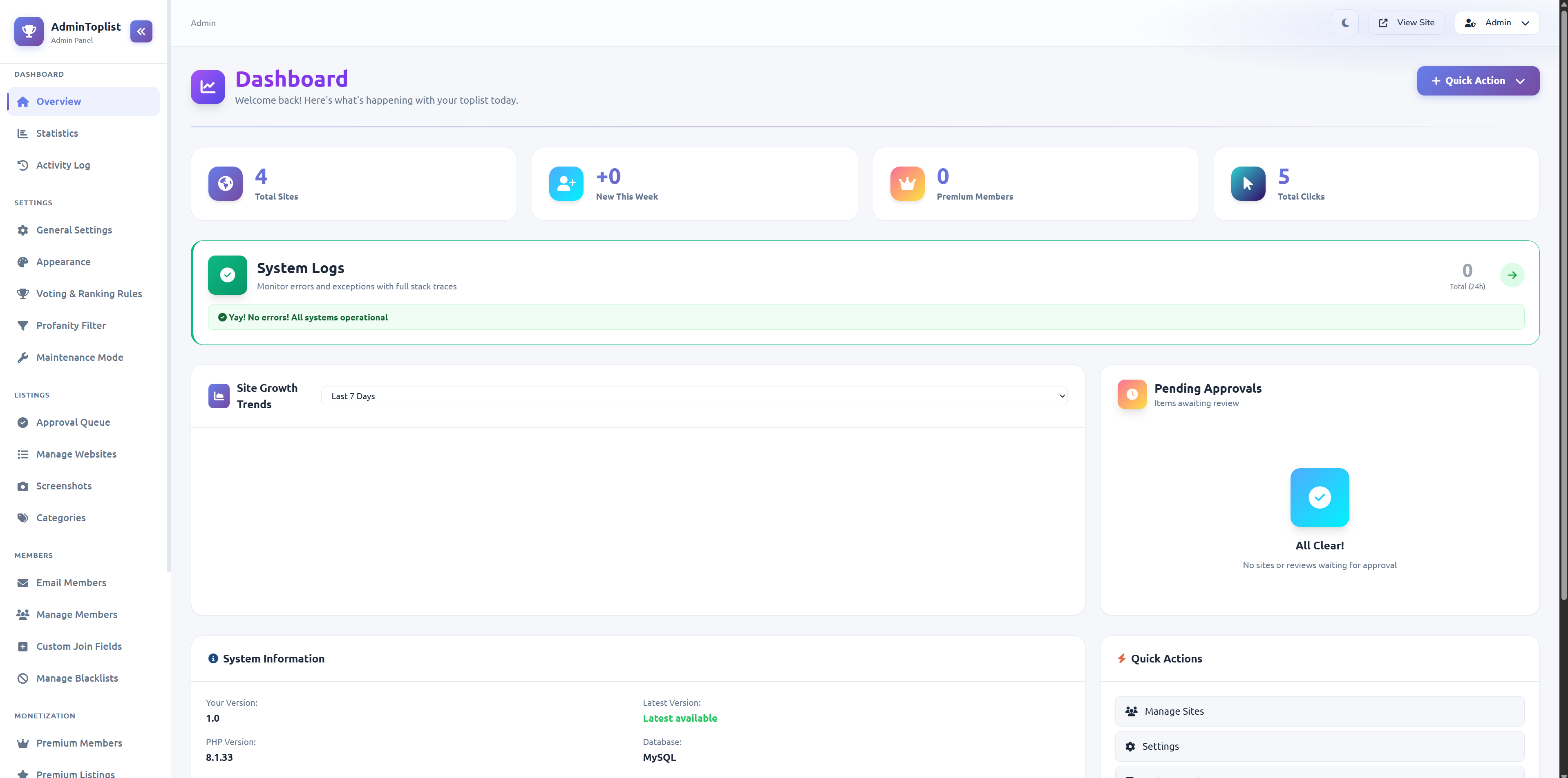 AdminToplist Settings View