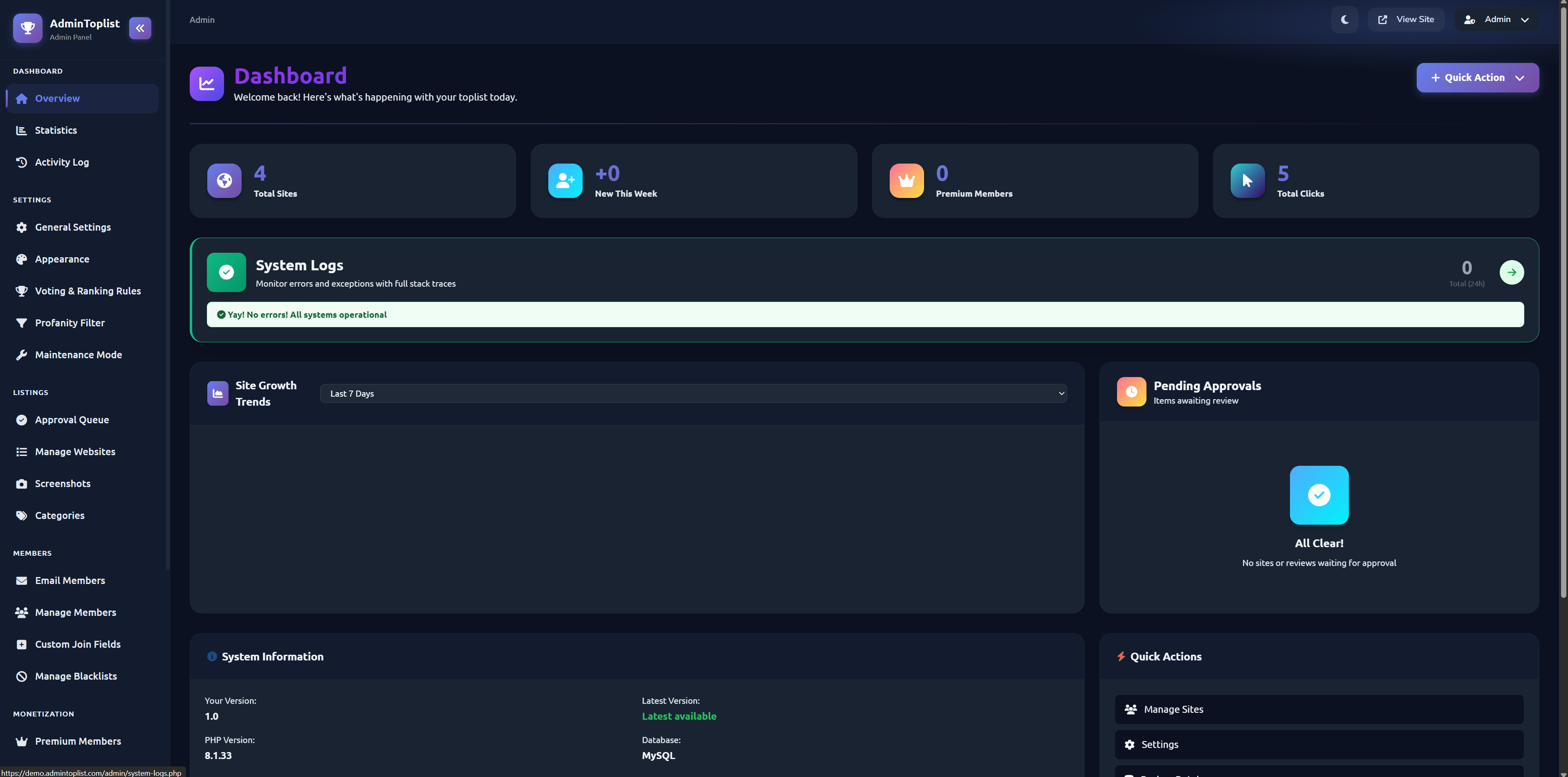 AdminToplist Settings View