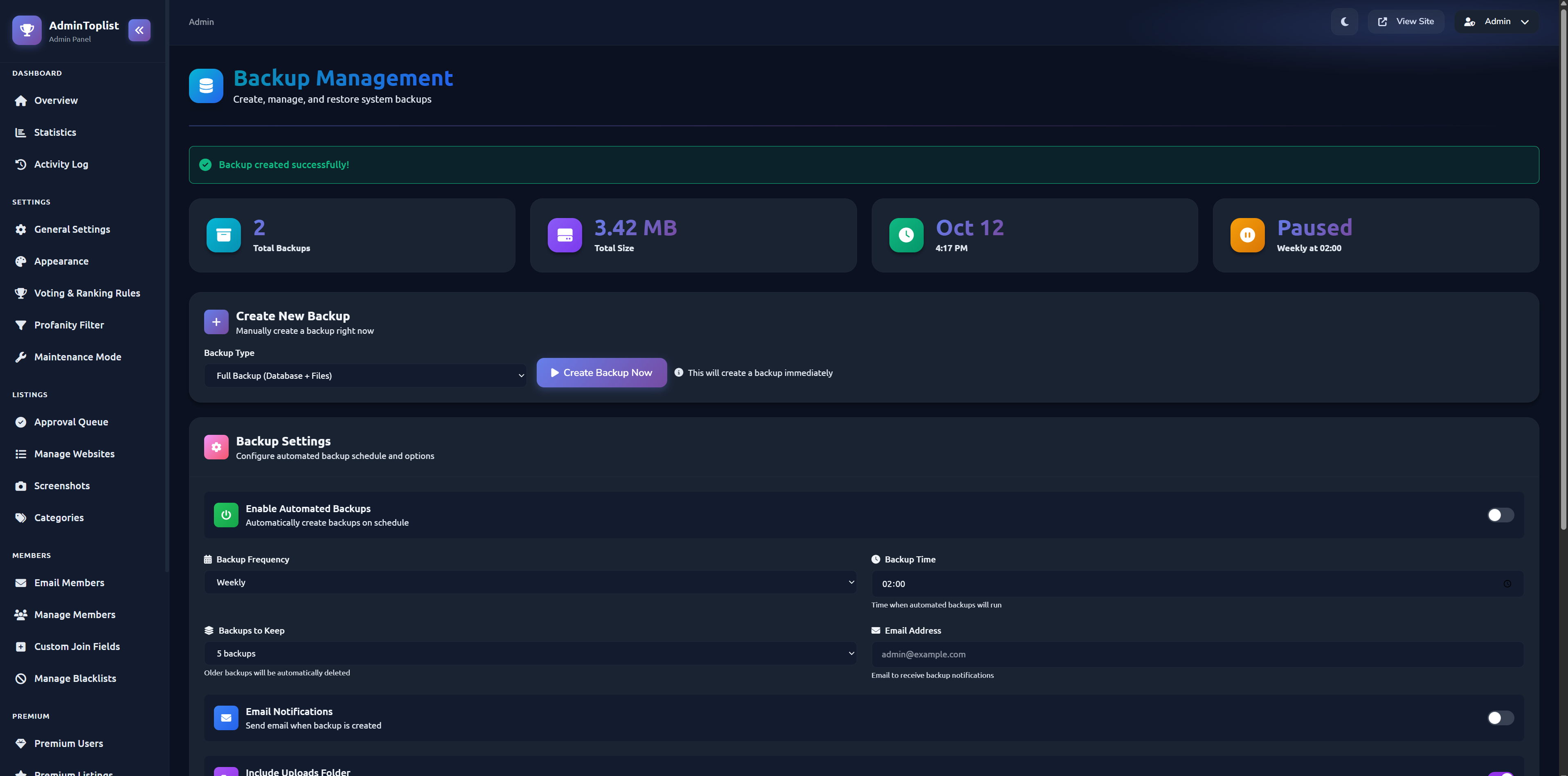 AdminToplist Settings View
